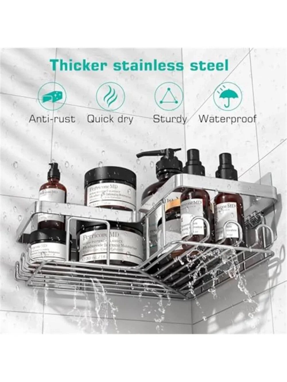 Corner Adhesive Shower Caddy, with Soap Holder and 12 Hooks, Rustproof Organizer